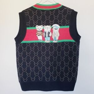 Bear Web Striped Cardigan Button Down Sweater Vest